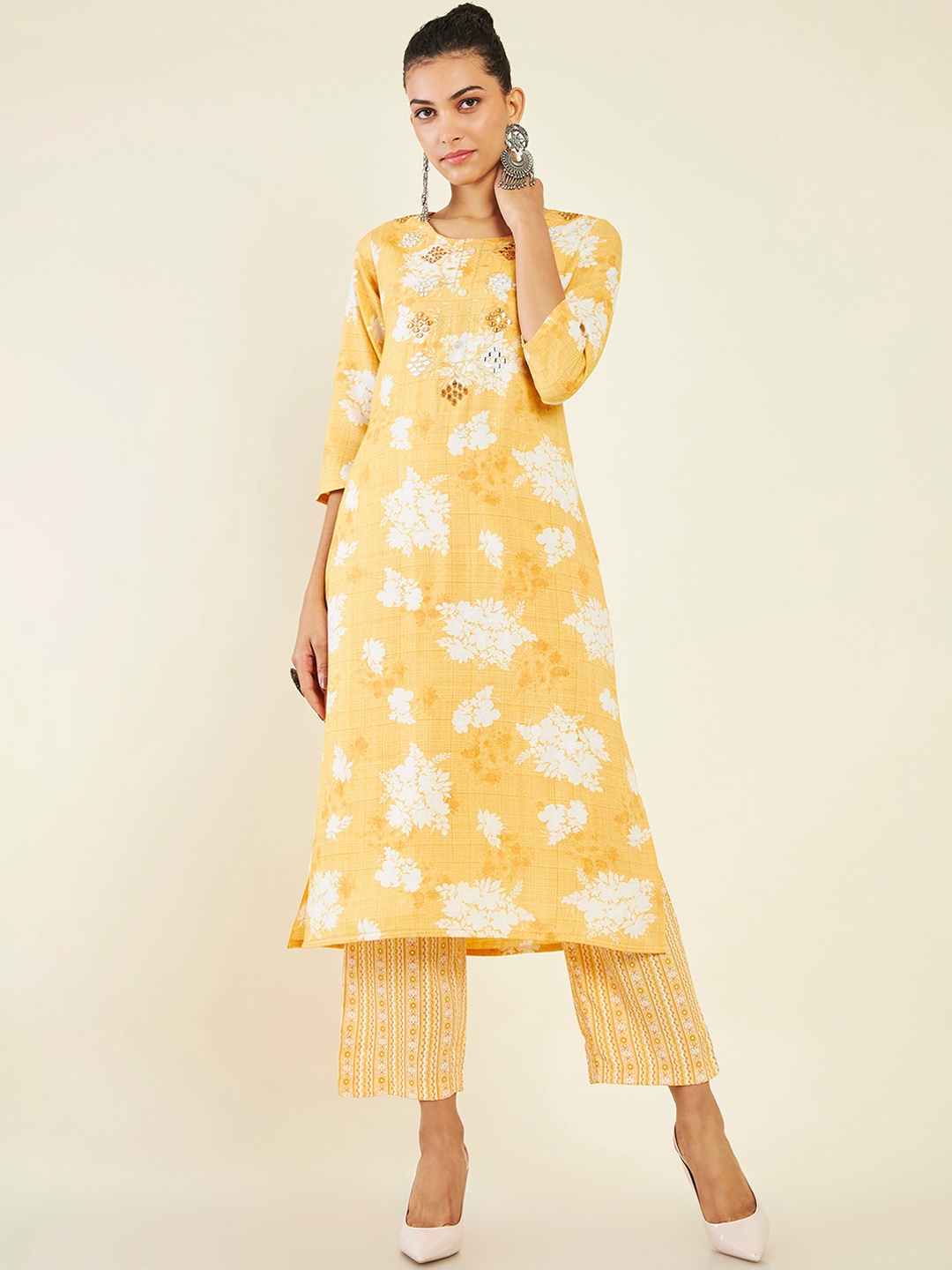 

Soch Floral Printed Mirror Work Kurta with Trousers, Yellow