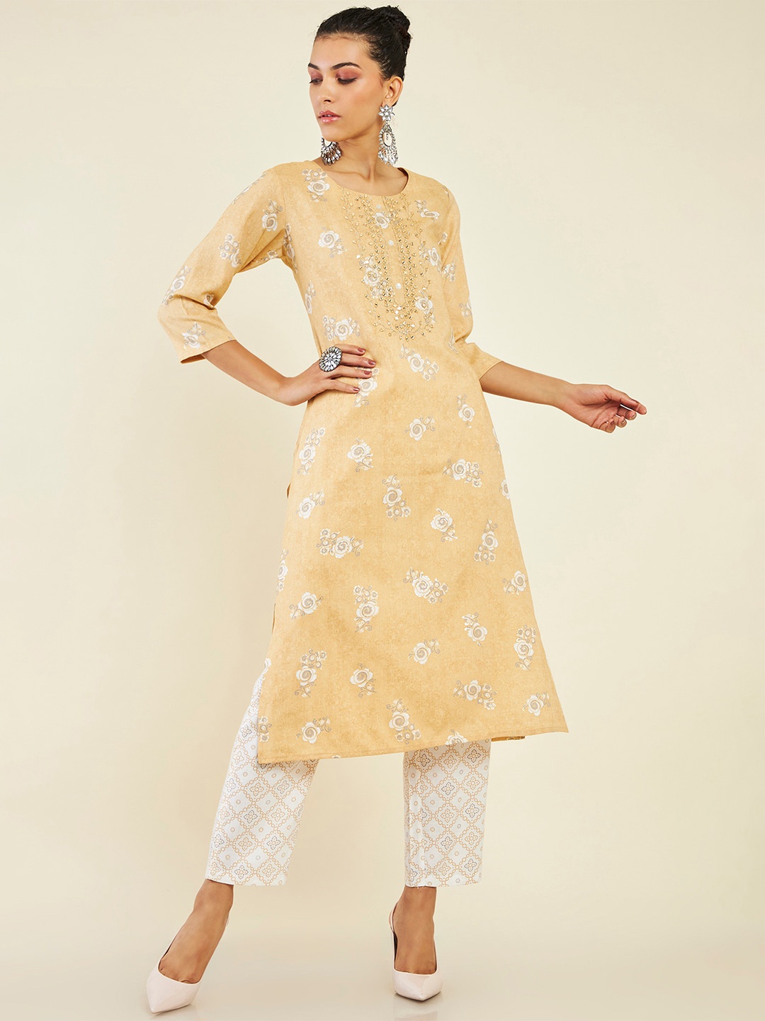 

Soch Floral Printed Mirror Work Kurta With Trousers, Yellow