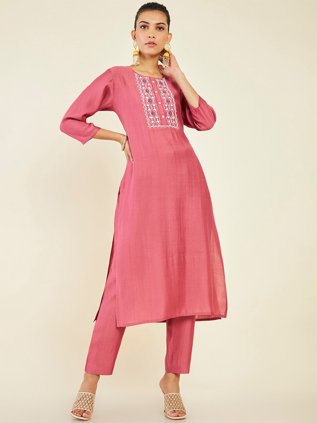 

Soch Ethnic Motif Yoke Design Kurta with Trousers, Pink