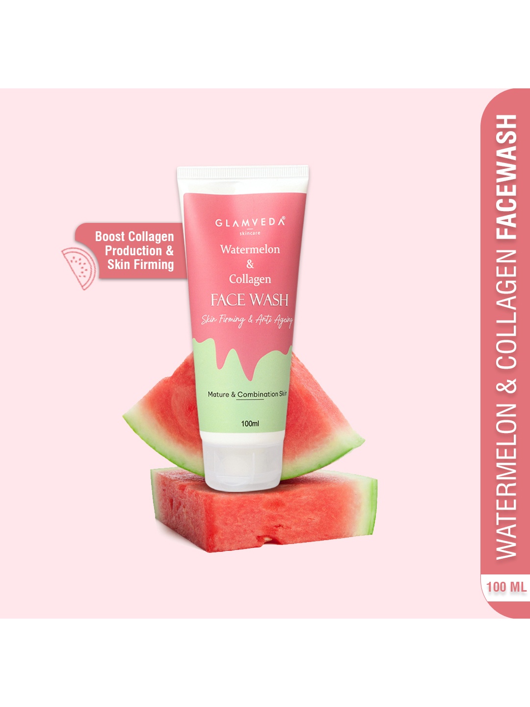 

GLAMVEDA Watermelon & Collagen Ant-Ageing Skin Firming Face Wash - 100ml, Pink