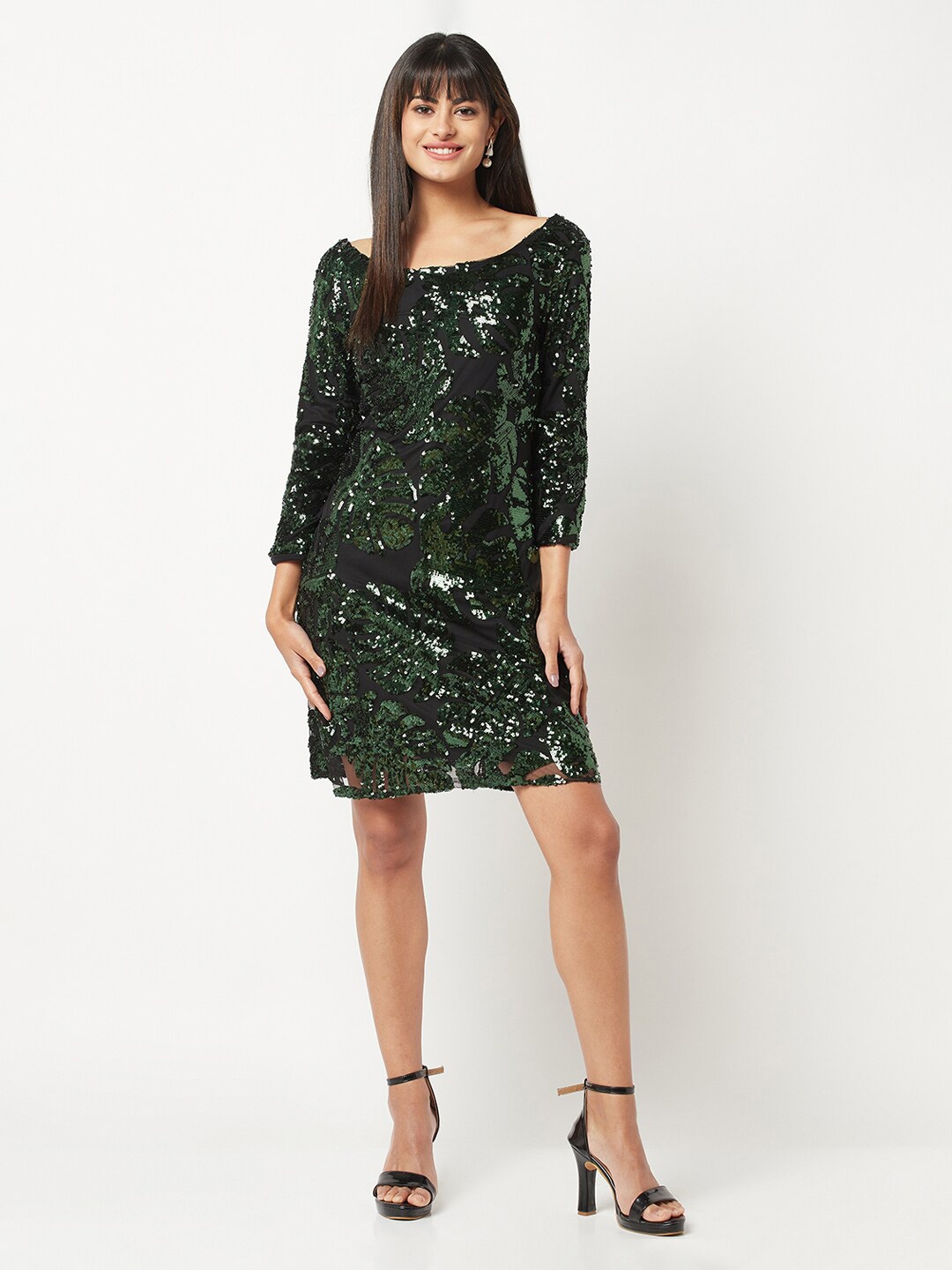 

HOUSE OF S Embellished Sequinned Boat Neck Net Dress, Green