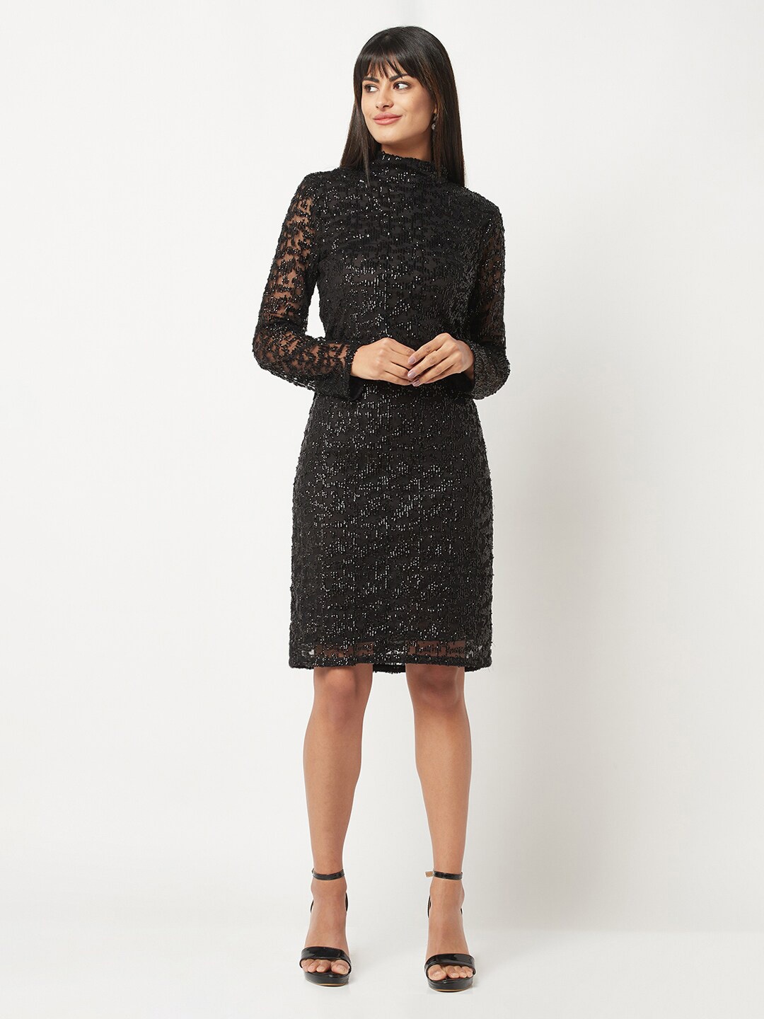 

HOUSE OF S Embellished Net High Neck Sheath Dress, Black