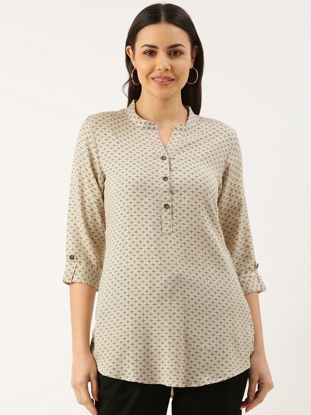 

AMUKTI Viscose Rayon Mandarin Collar Printed Tunic, Beige