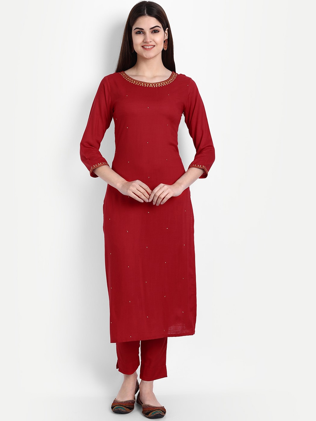 

fabGLOBAL Ethnic Motifs Embroidered Kurta with Trousers, Red
