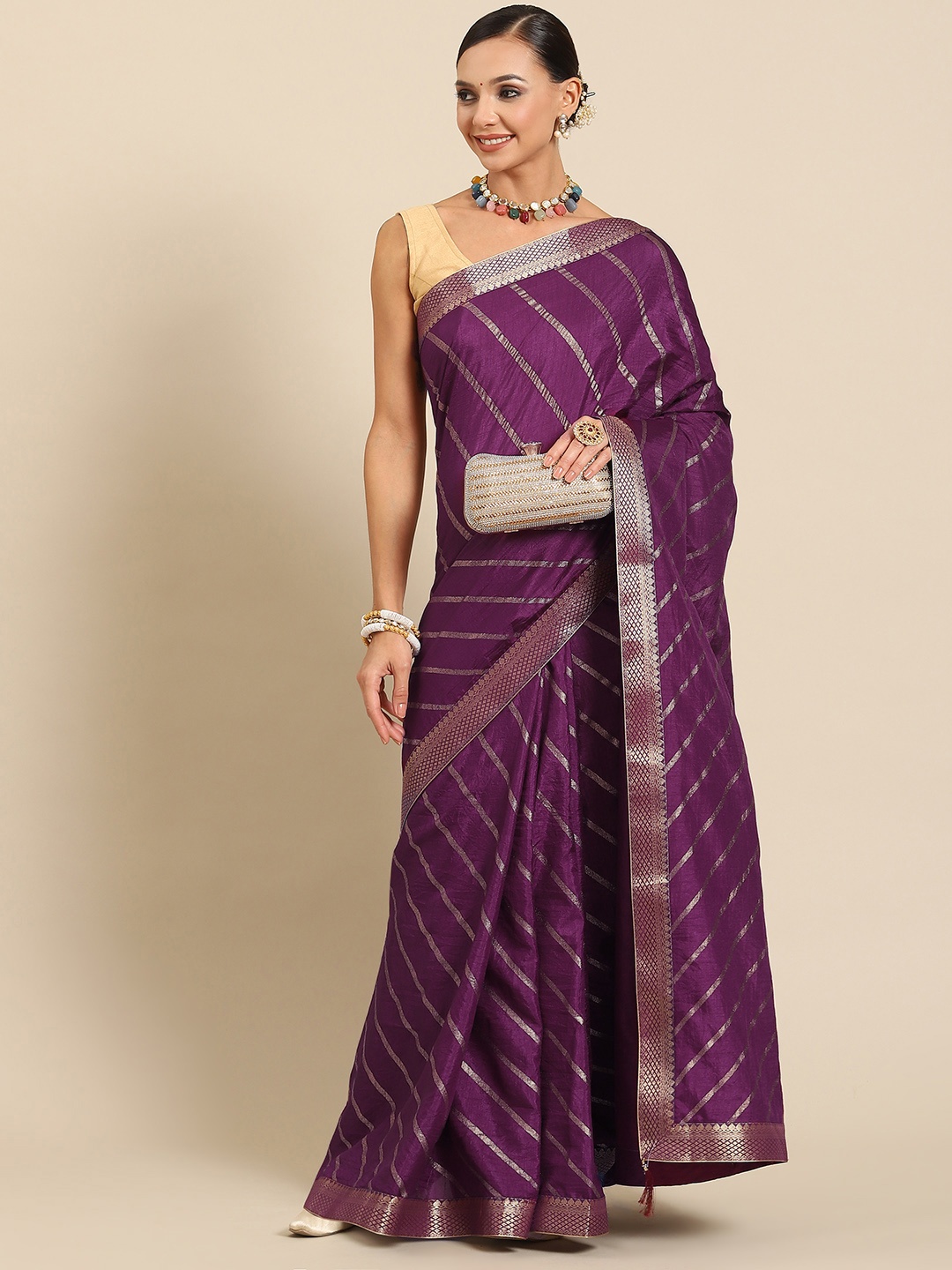 

SAARYA Leheriya Zari Silk Blend Leheriya Saree, Purple