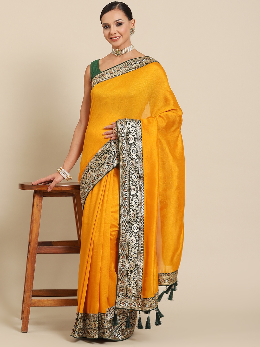 

SAARYA Solid Zari Banarasi Saree, Mustard