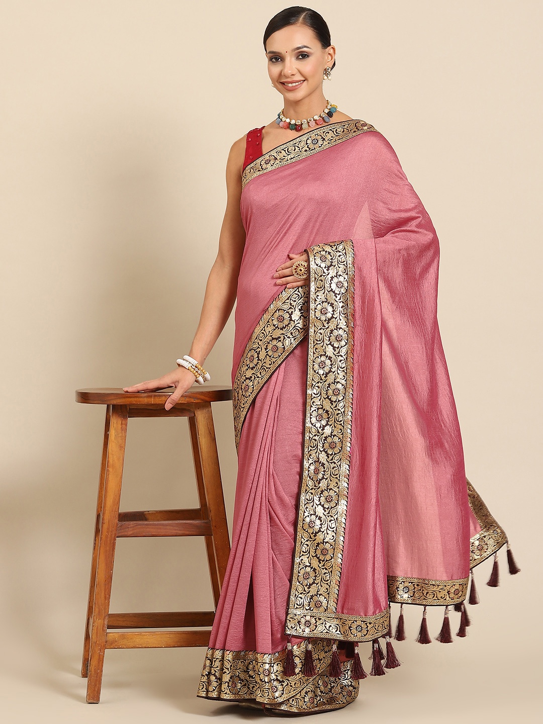 

SAARYA Solid Zari Saree, Pink