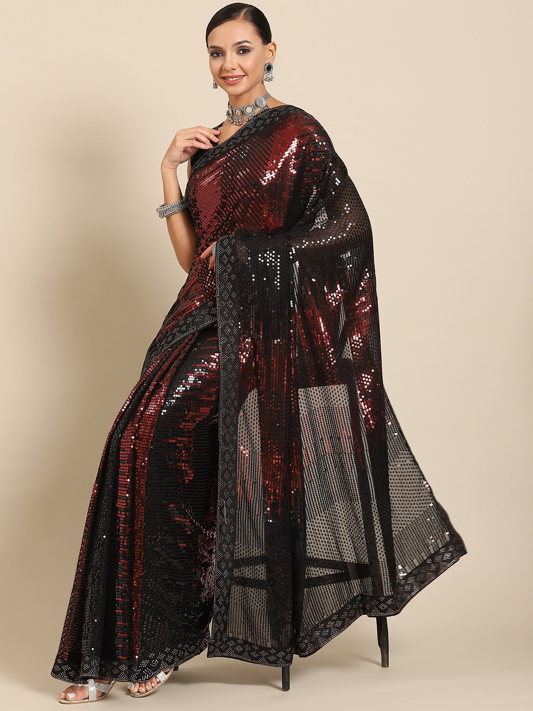

SAARYA Embellished Sequinned Poly Georgette Saree, Burgundy