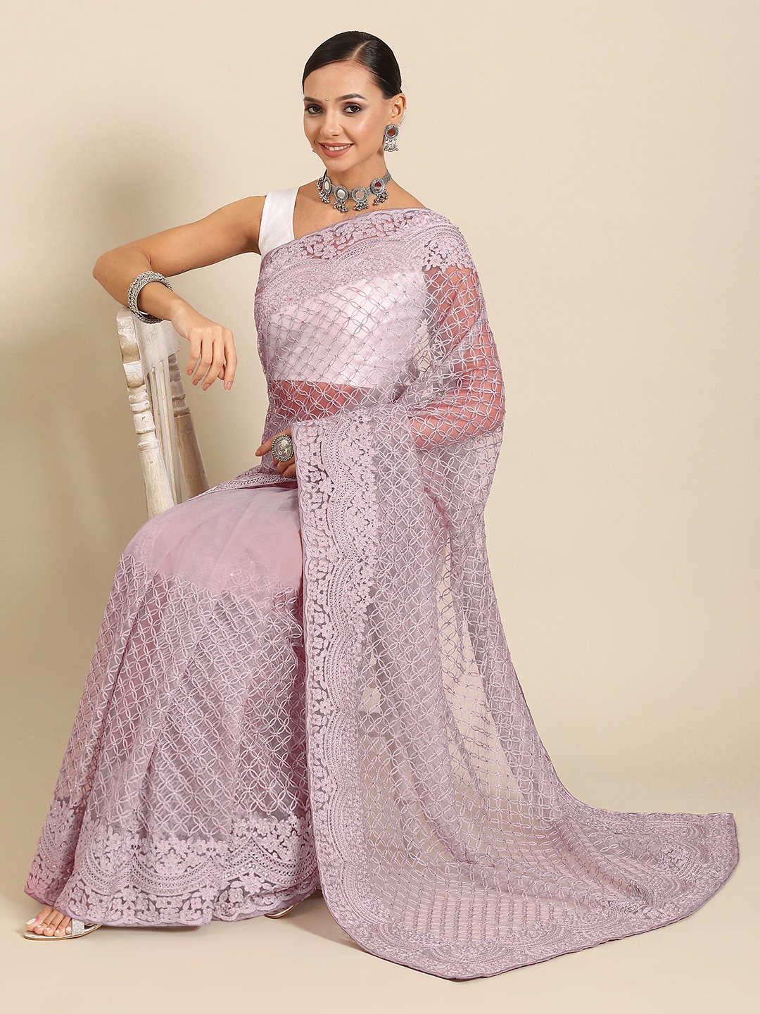 

SAARYA Embroidered Floral Sequinned Net Saree, Lavender