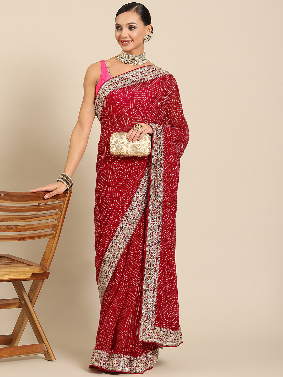 

SAARYA Bandhani Printed Sequinned Poly Georgette Saree, Pink