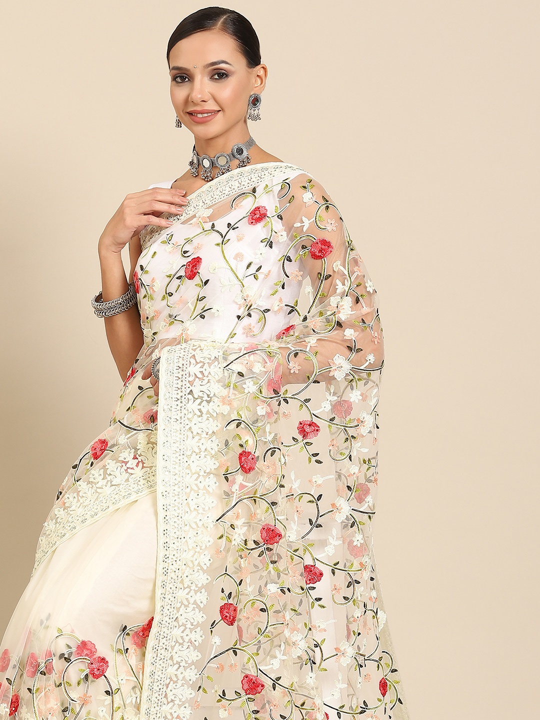 

SAARYA Embroidered Floral Beads & Stones Net Saree, White