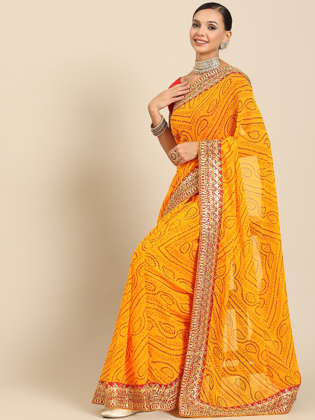 

SAARYA Bandhani Printed Sequinned Poly Georgette Saree, Yellow