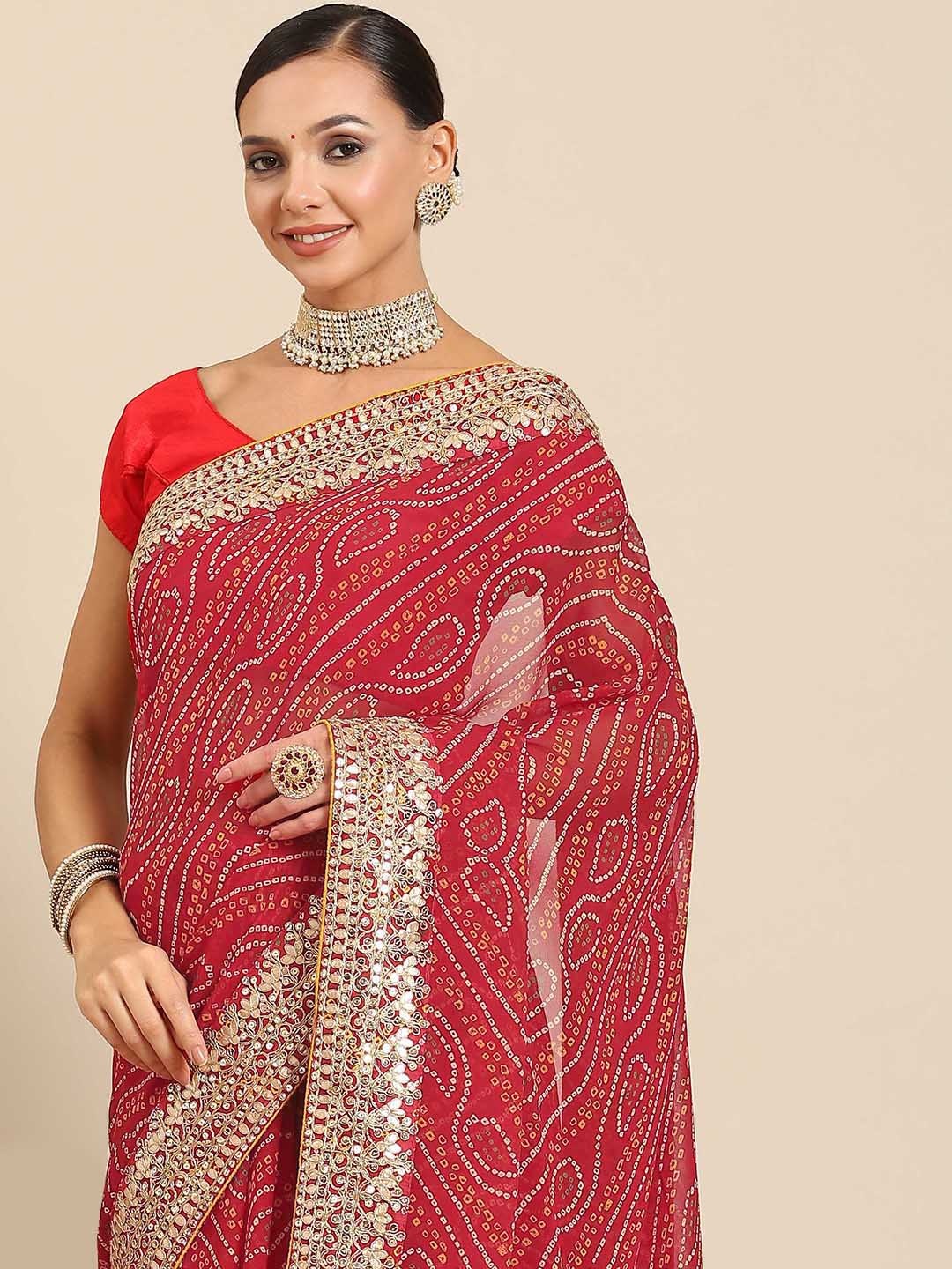 

SAARYA Bandhani Printed Sequinned Poly Georgette Saree, Red