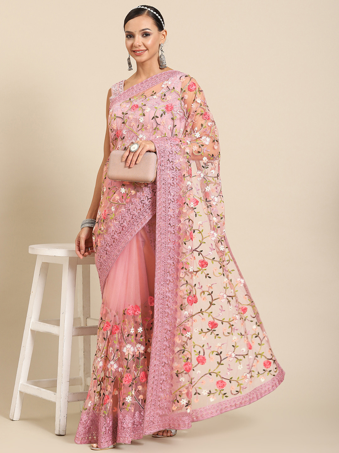 

SAARYA Embroidered Floral Beads & Stones Net Saree, Purple