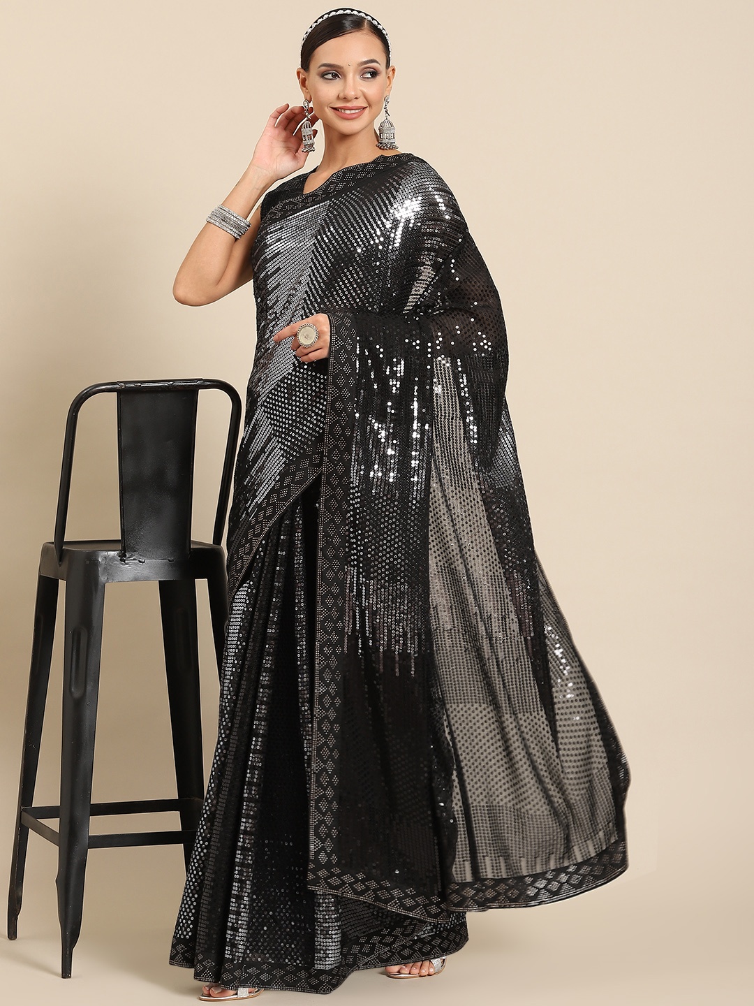 

SAARYA Embellished Sequinned Poly Georgette Saree, Black