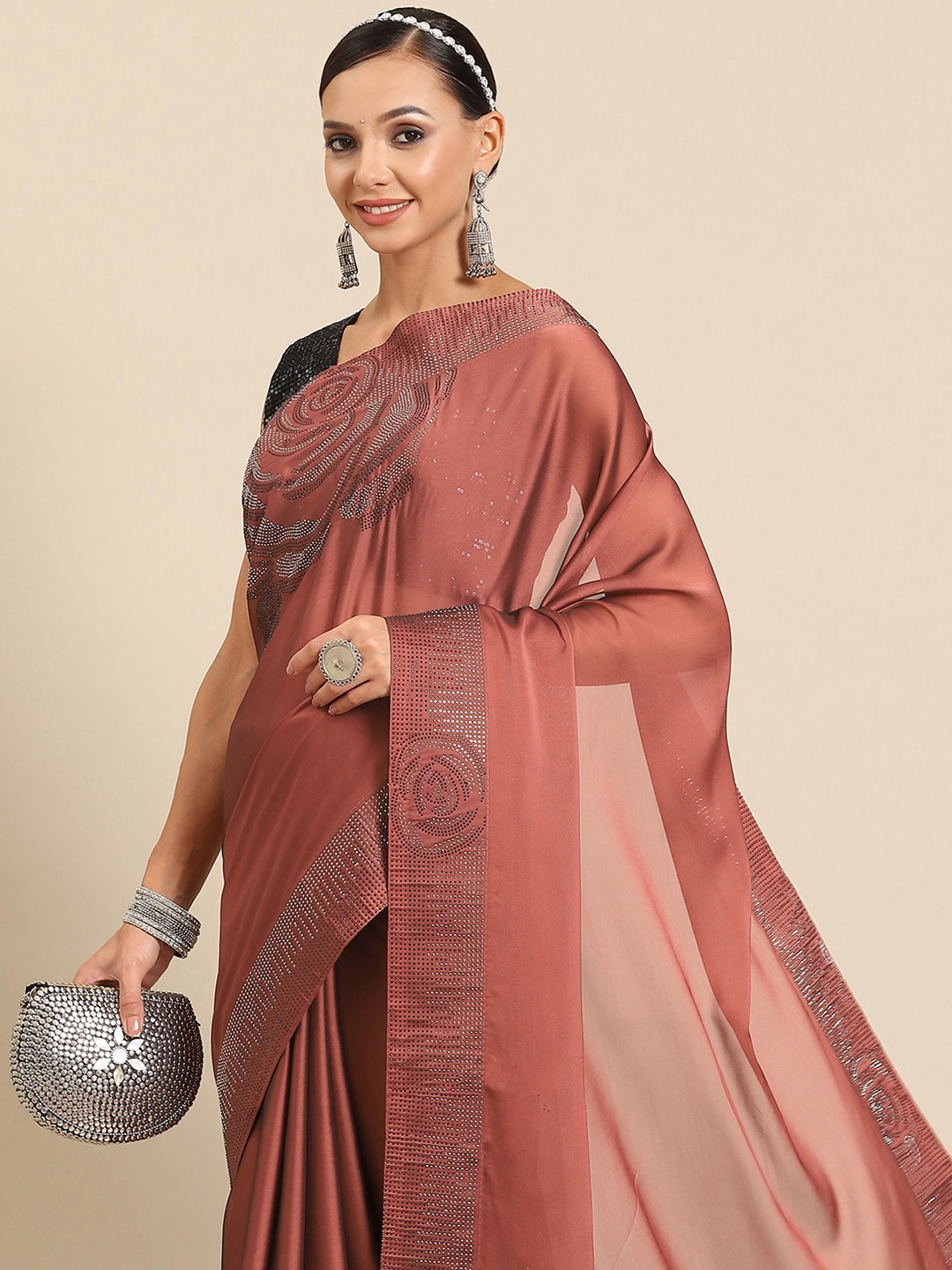 

SAARYA Floral Beads & Stones Pure Crepe Saree, Burgundy