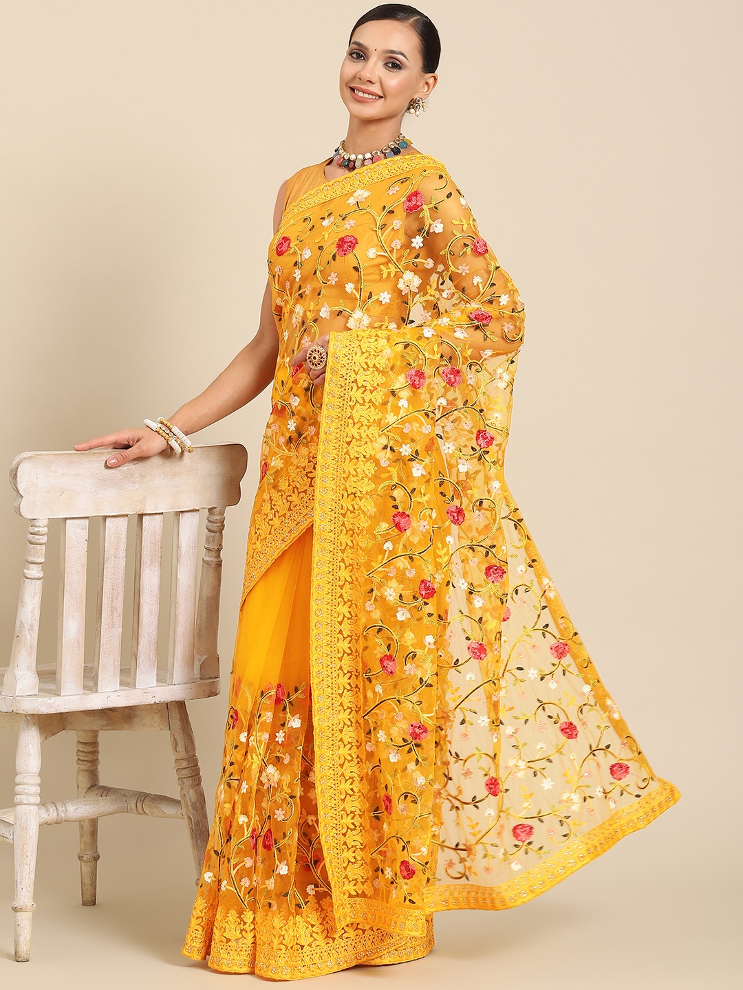 

SAARYA Embroidered Floral Beads & Stones Net Saree, Yellow