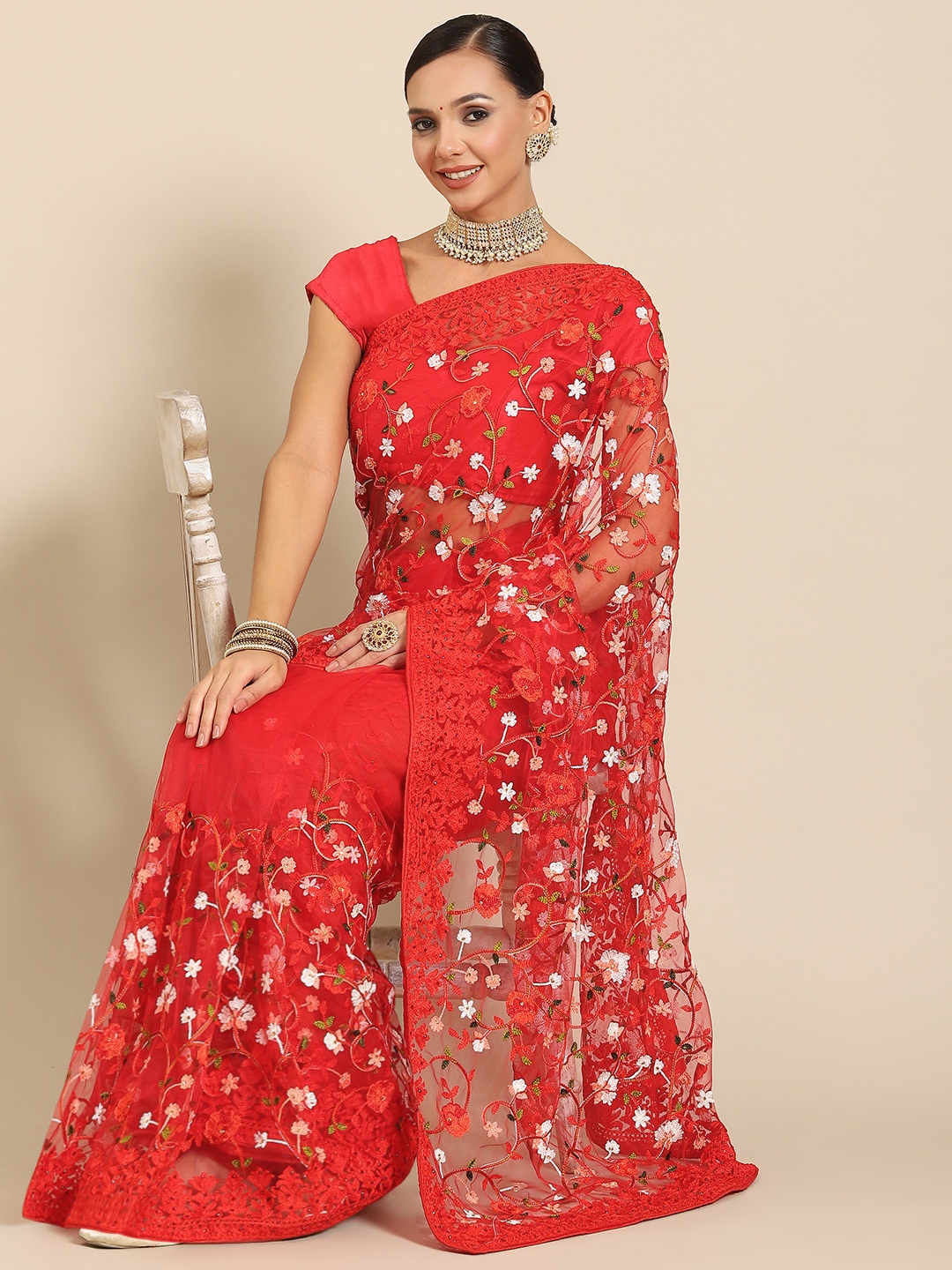 

SAARYA Embroidered Floral Beads & Stones Net Saree, Red
