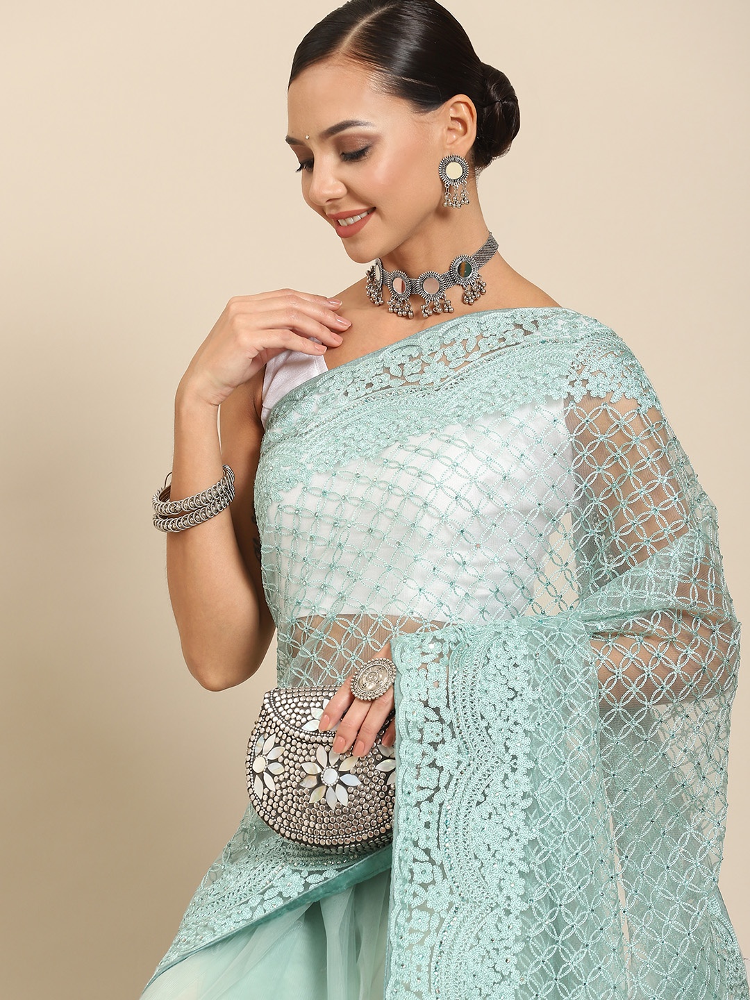 

SAARYA Embroidered Floral Beads & Stones Net Saree, Sea green