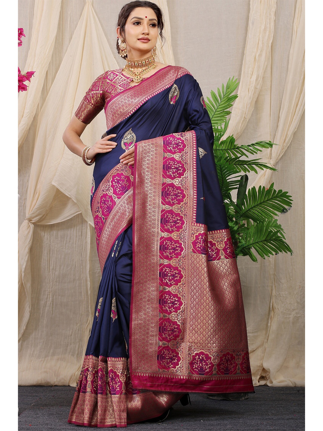 

Anaita Ethnic Motifs Woven Design Zari Pure Silk Banarasi Saree, Navy blue