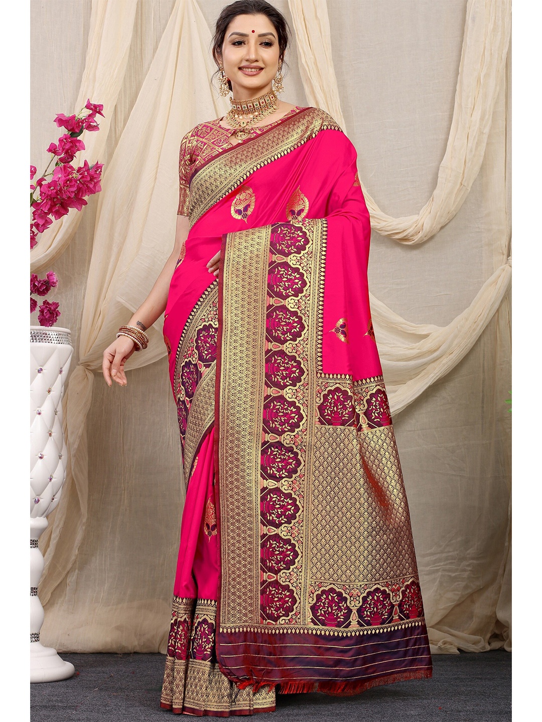 

Anaita Ethnic Motifs Woven Design Zari Pure Silk Banarasi Saree, Pink