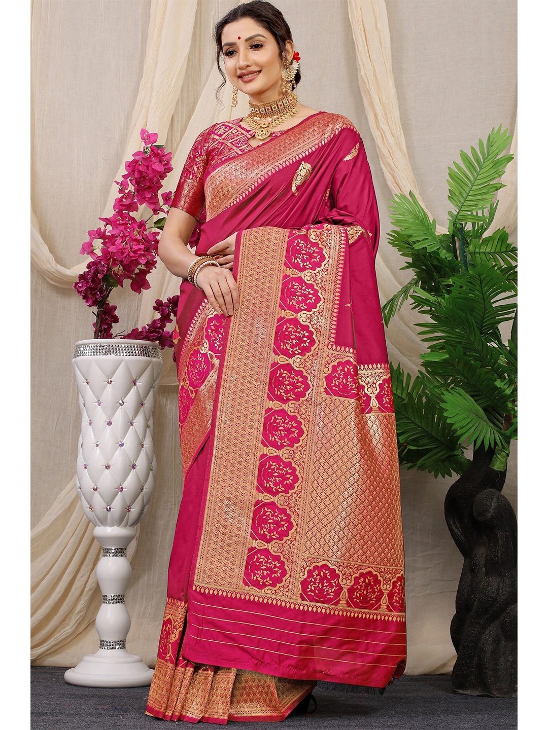 

Anaita Maroon & Gold-Toned Woven Design Zari Pure Silk Banarasi Saree