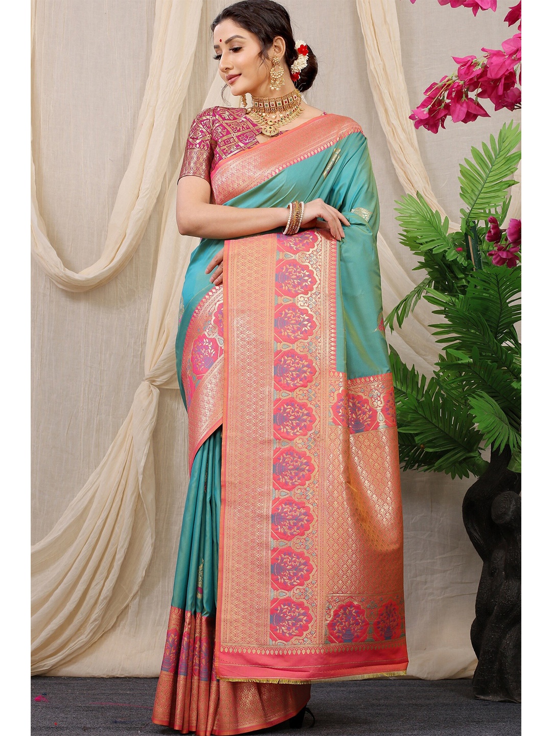 

Anaita Ethinic Motifs Woven Design Zari Pure Silk Banarasi Saree, Turquoise blue