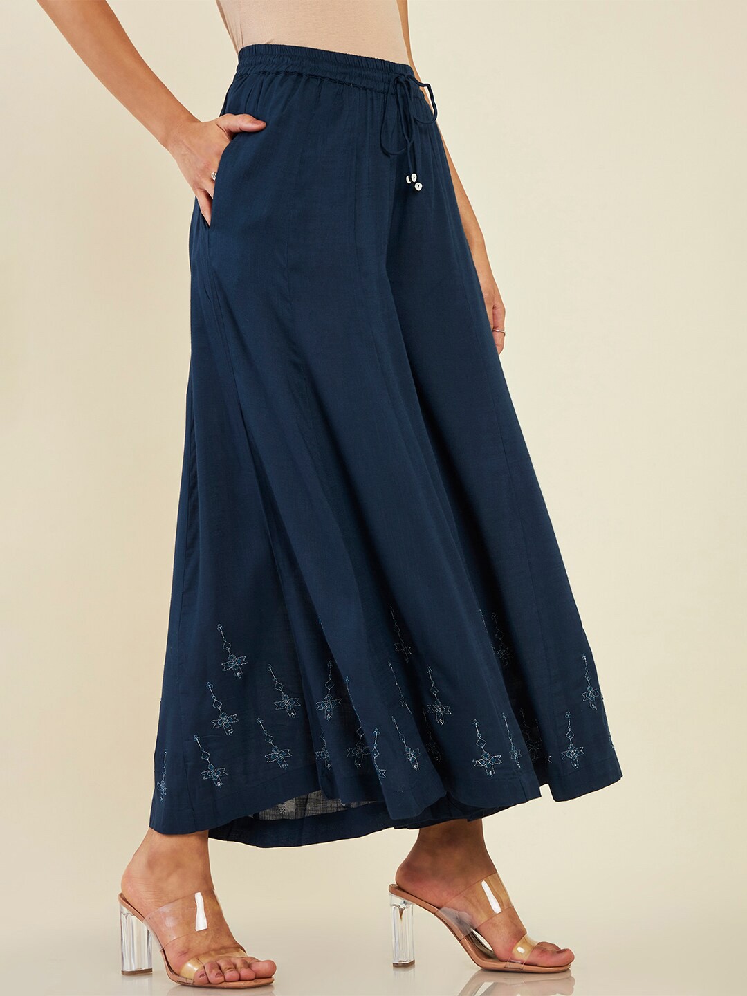 

Soch Women Floral Embroidered Flared Palazzos, Navy blue