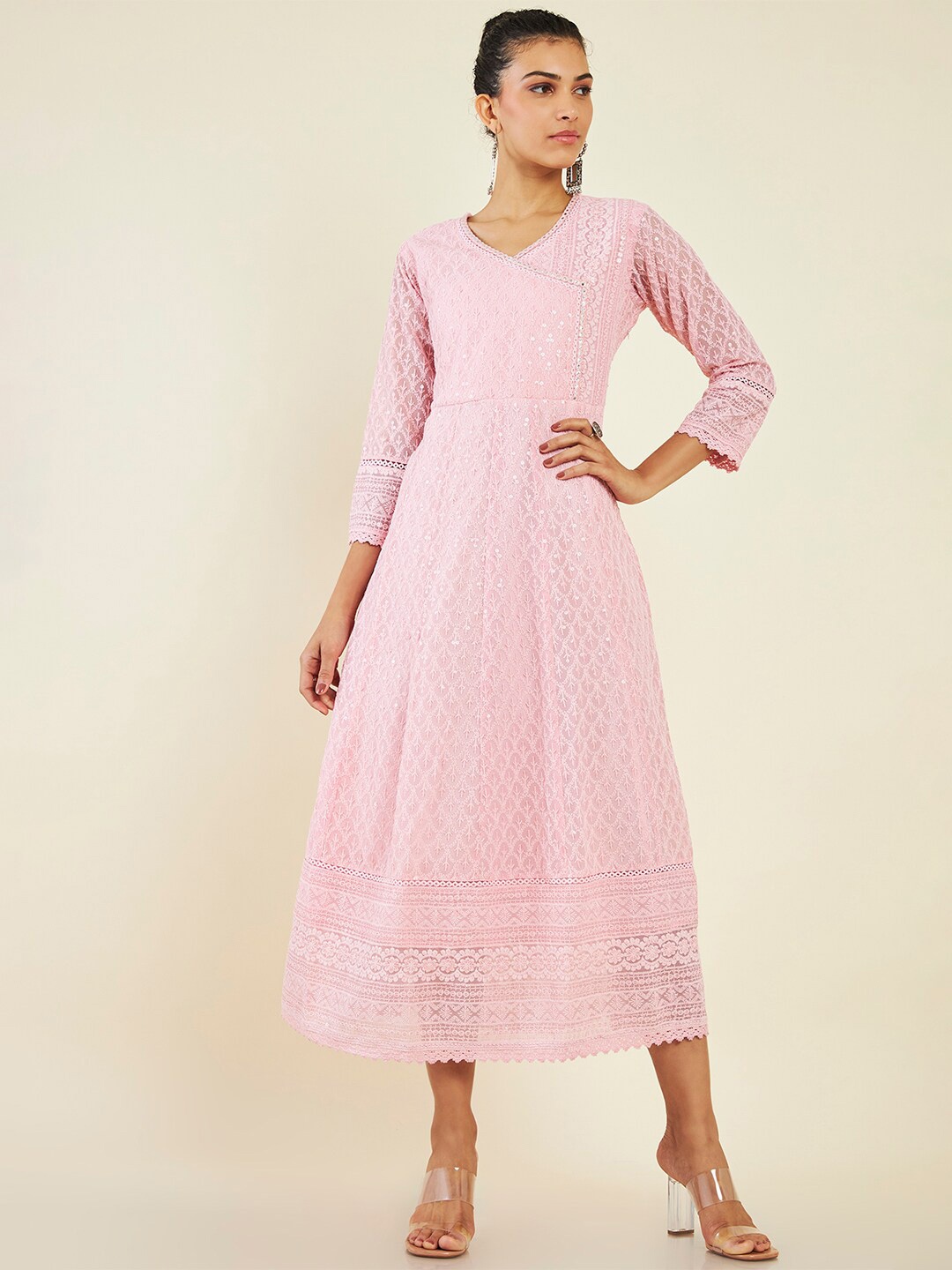 

Soch Georgette V-Neck Embroidered Midi Dress, Pink