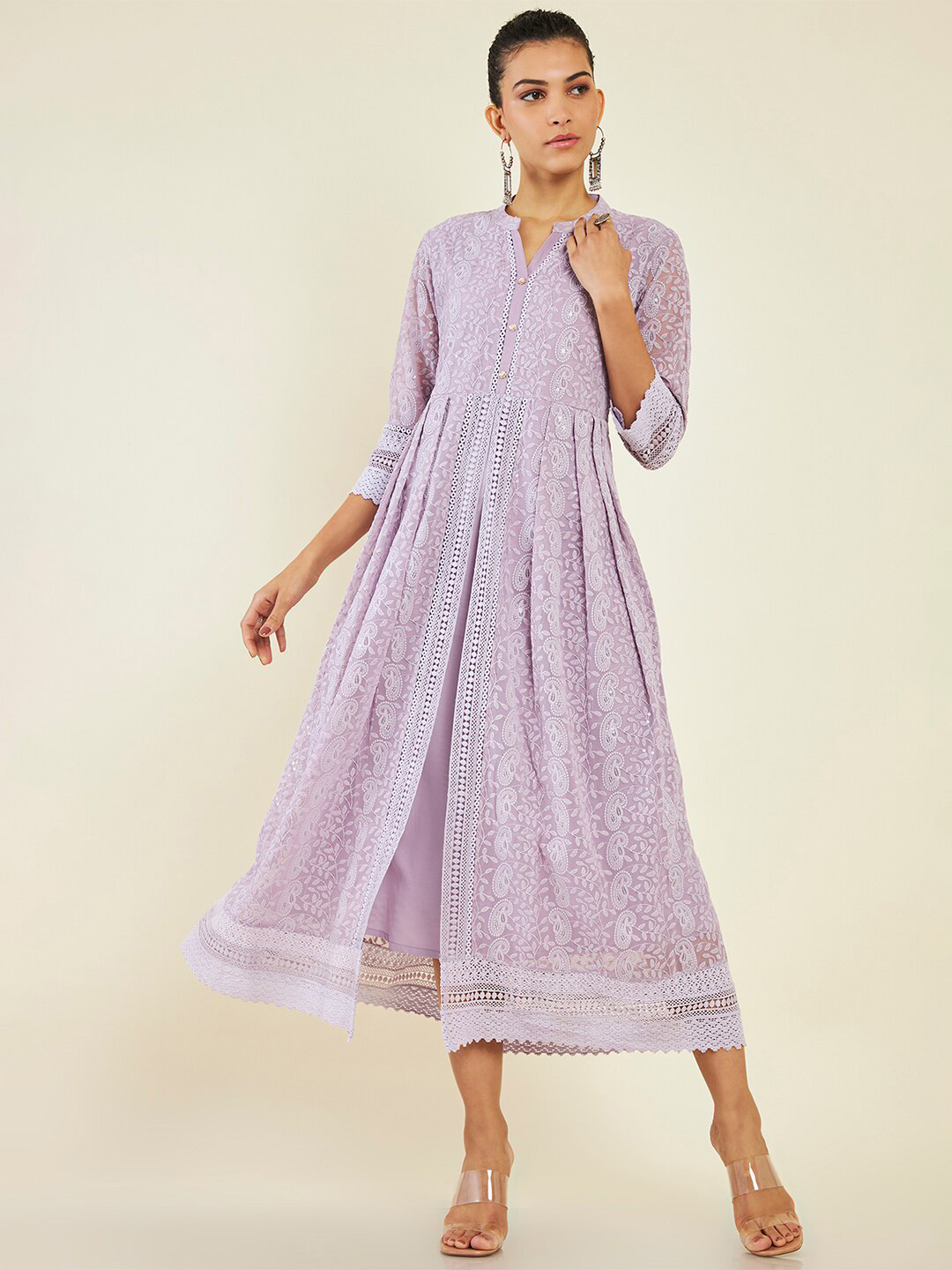 

Soch Ethnic Motifs Embroidered Georgette Ethnic A-Line Midi Dress, Purple