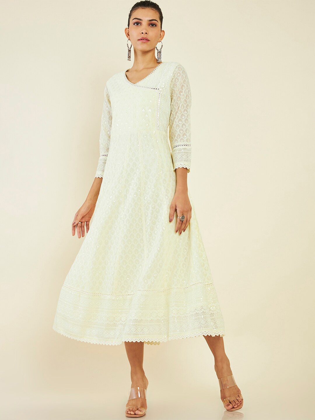 

Soch Embroidered V-Neck Fit & Flare Midi Ethnic Dress, Cream