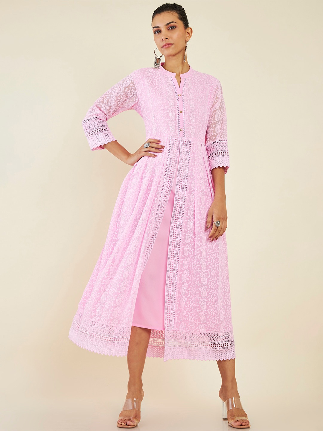 

Soch Embroidered Front Slit Fit & Flare Midi Ethnic Dress, Pink
