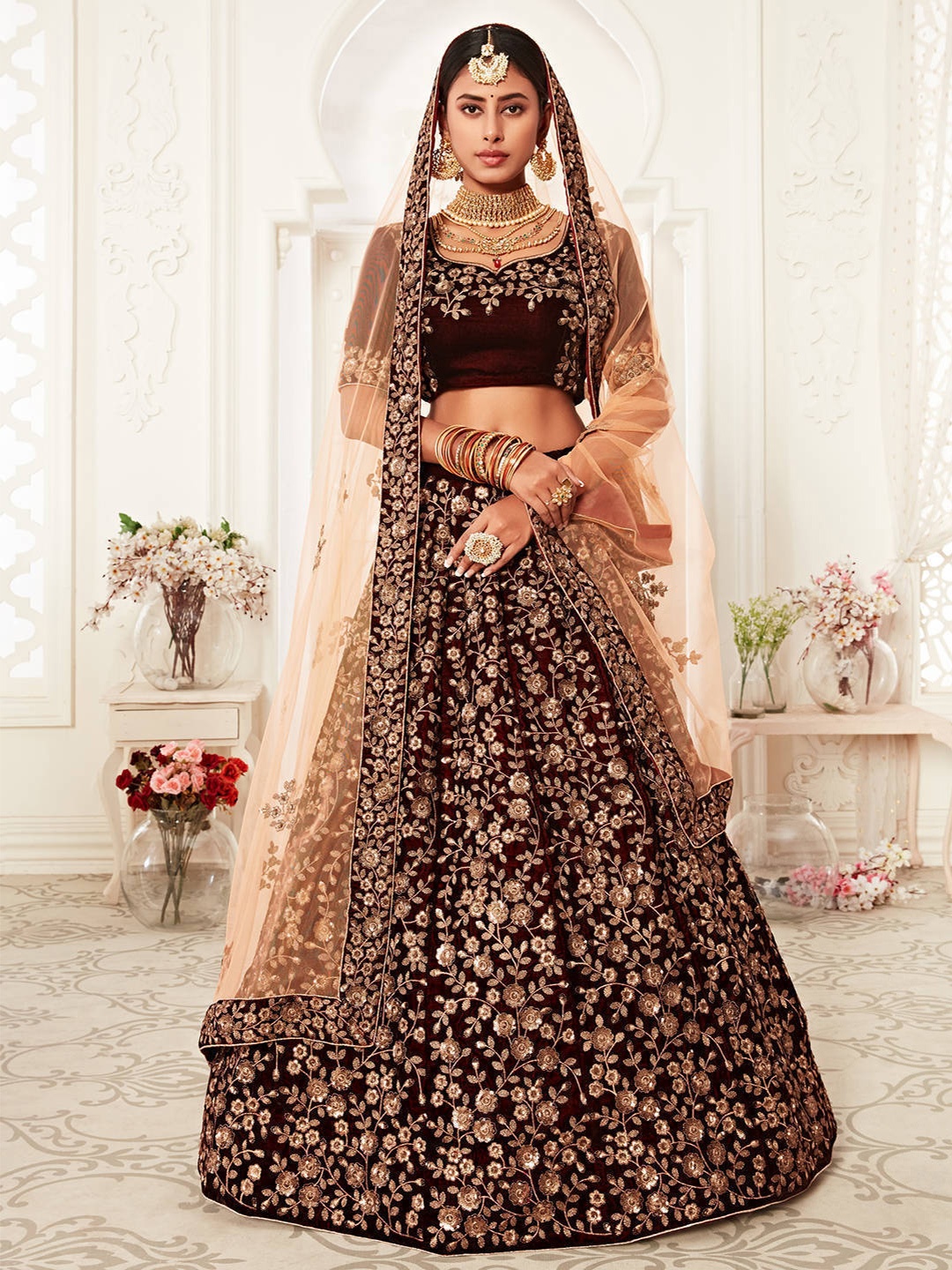 

FABPIXEL Embroidered Sequinned Semi-Stitched Velvet Lehenga Choli With Dupatta, Maroon