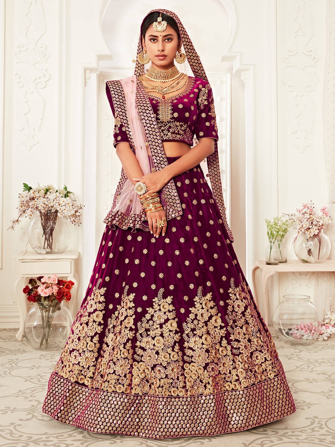 

FABPIXEL Embroidered Sequinned Semi-Stitched Velvet Lehenga Choli With Dupatta, Purple