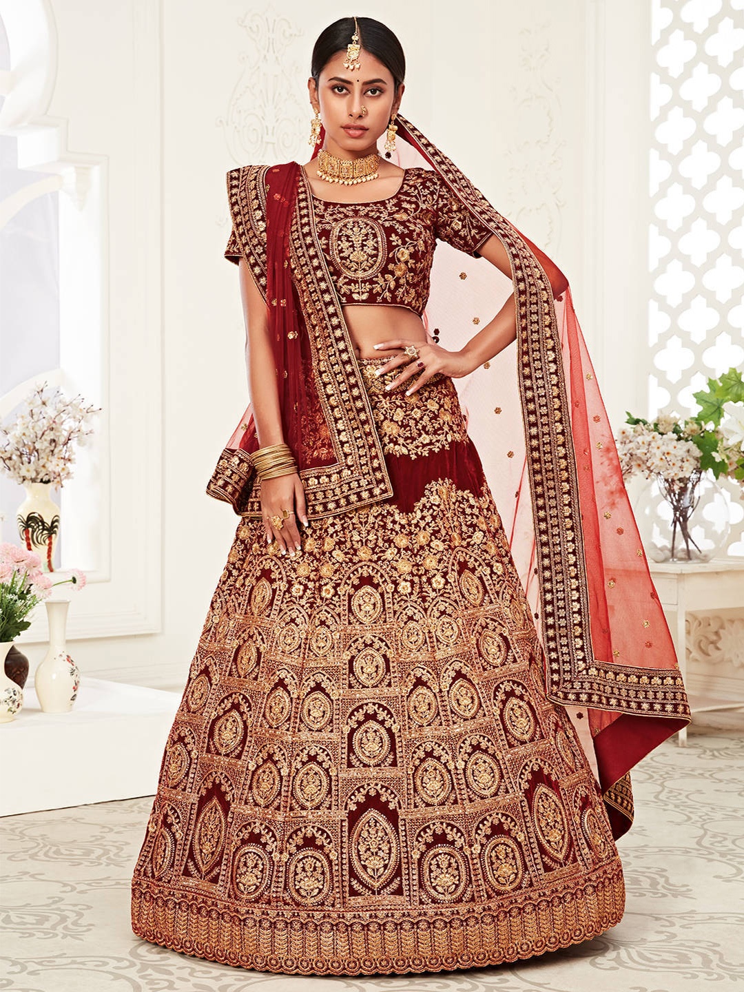

FABPIXEL Embroidered Sequinned Semi-Stitched Lehenga Choli With Dupatta, Red