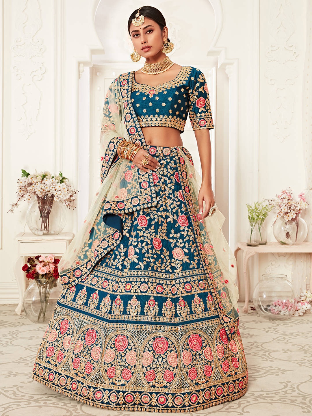 

FABPIXEL Embroidered Sequinned Semi-Stitched Silk Lehenga Choli With Dupatta, Blue