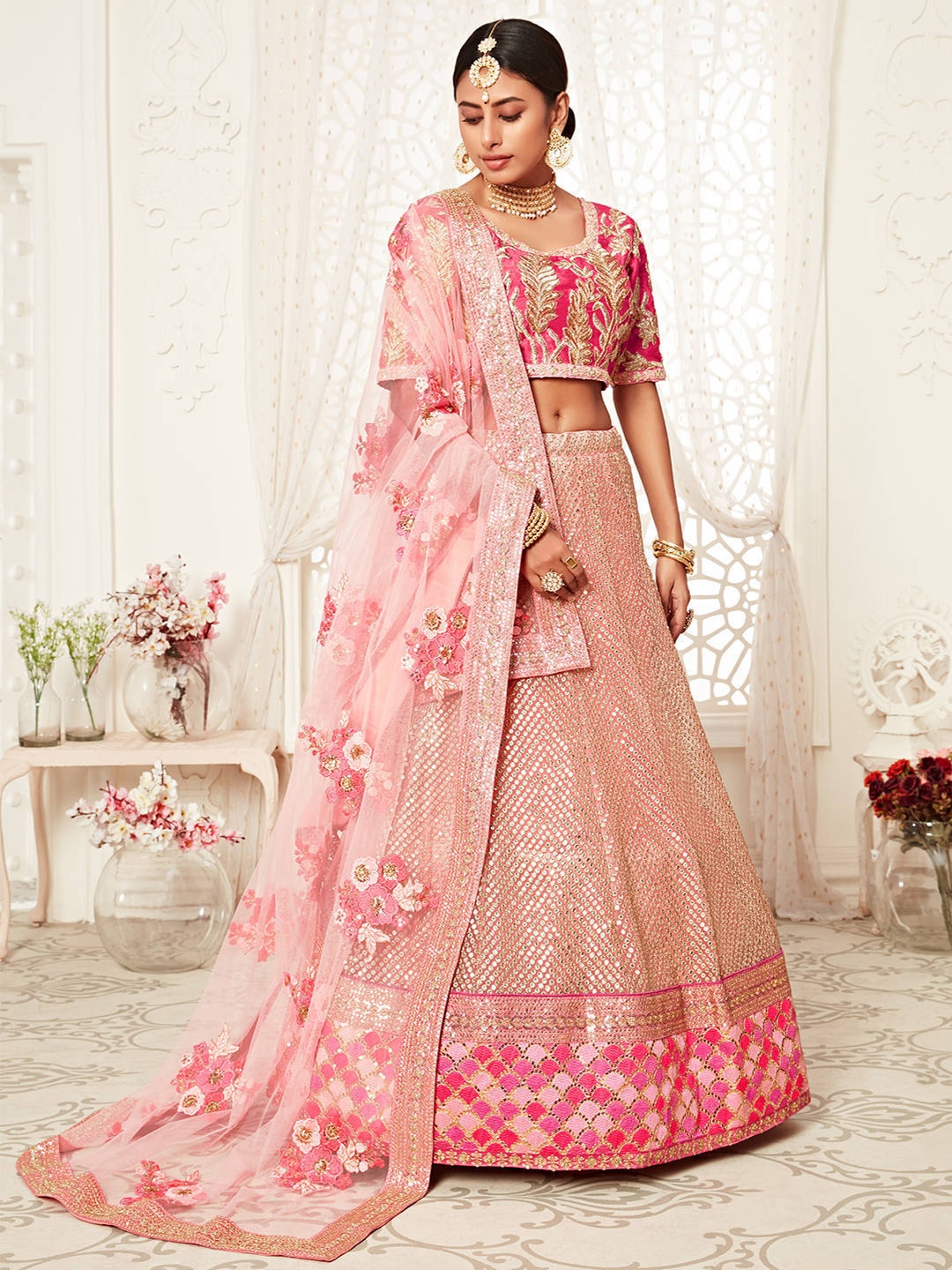 

FABPIXEL Embroidered Sequinned Semi-Stitched Lehenga Choli With Dupatta, Pink