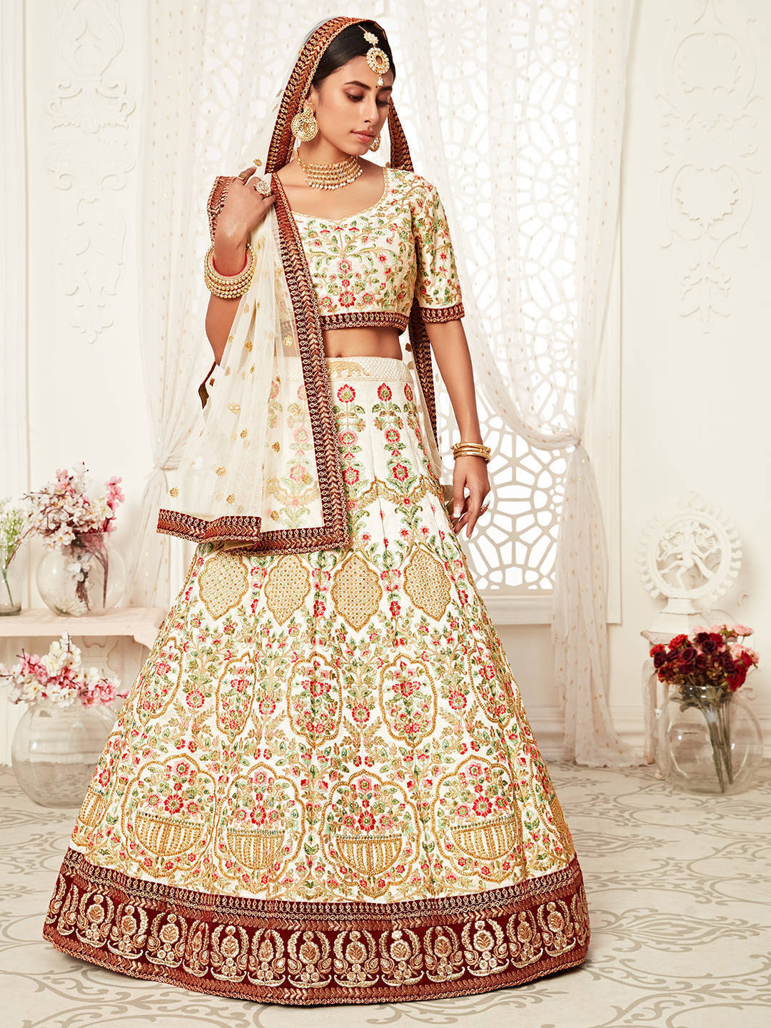 

FABPIXEL Floral Embroidered Beads and Stones Semi-Stitched Lehenga Choli With Dupatta, Off white