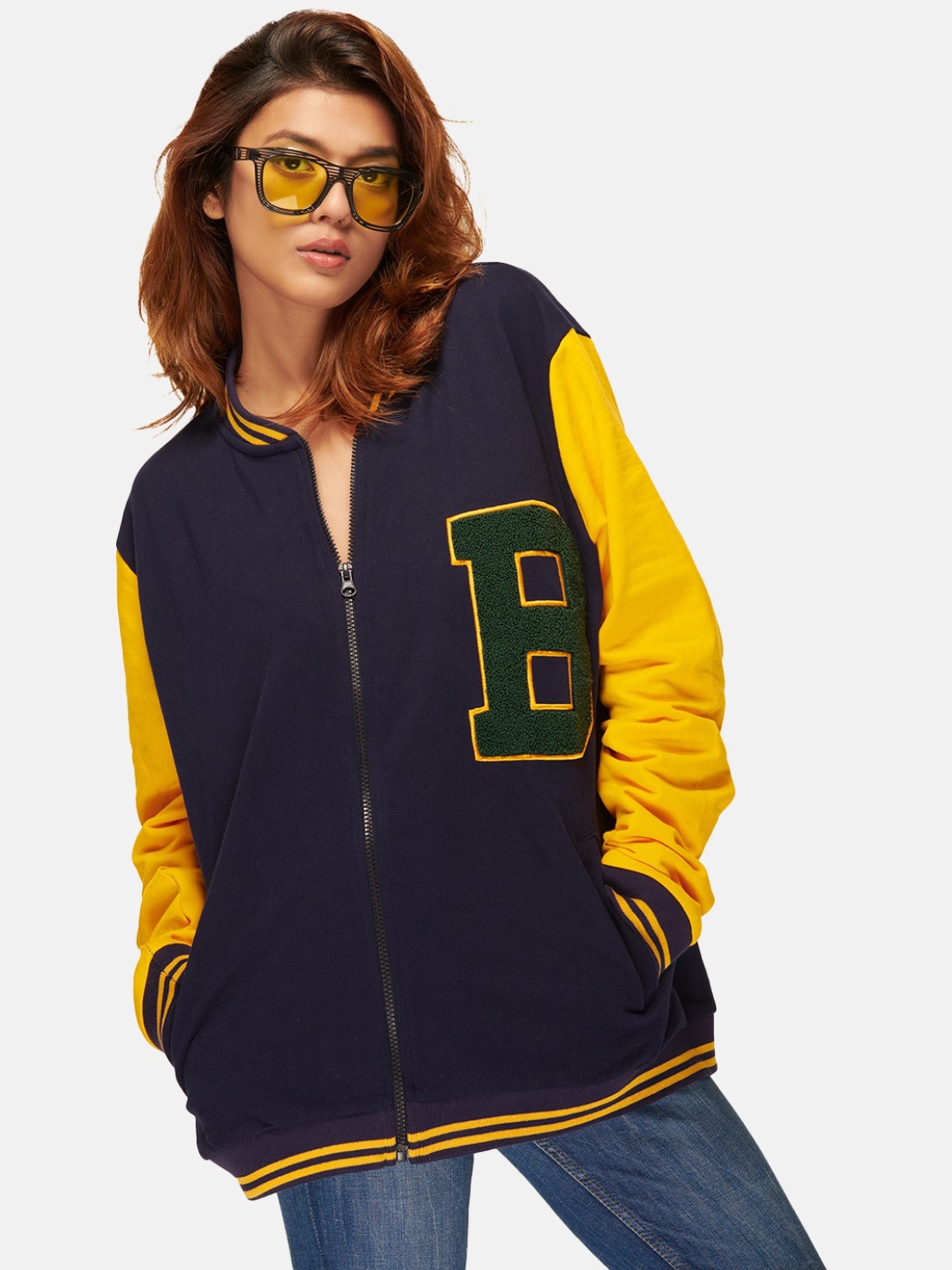 

IZF Printed Mock Collar Varsity Jacket, Navy blue