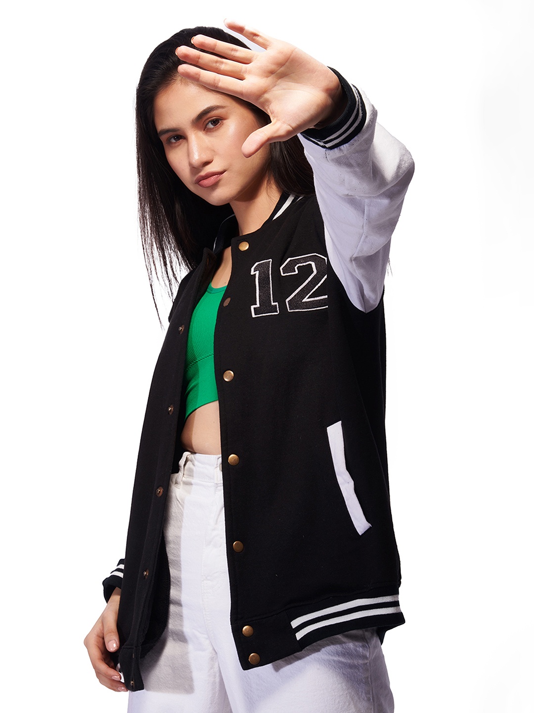 

IZF Printed Mock Collar Varsity Jacket, Black