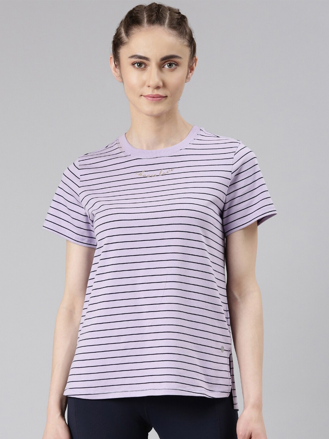 Enamor Active Cotton Yarn-Dyed Stripes T-shirt, Purple