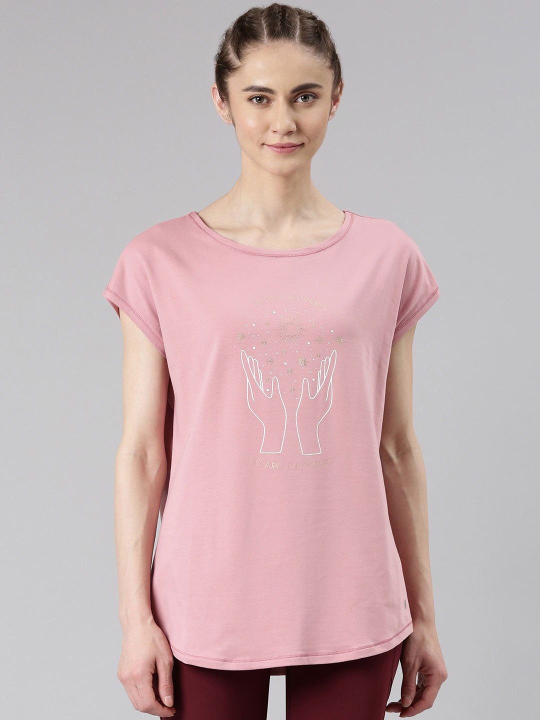 

Enamor Graphic Printed Dolman Sleeves Antimicrobial T-shirt, Pink