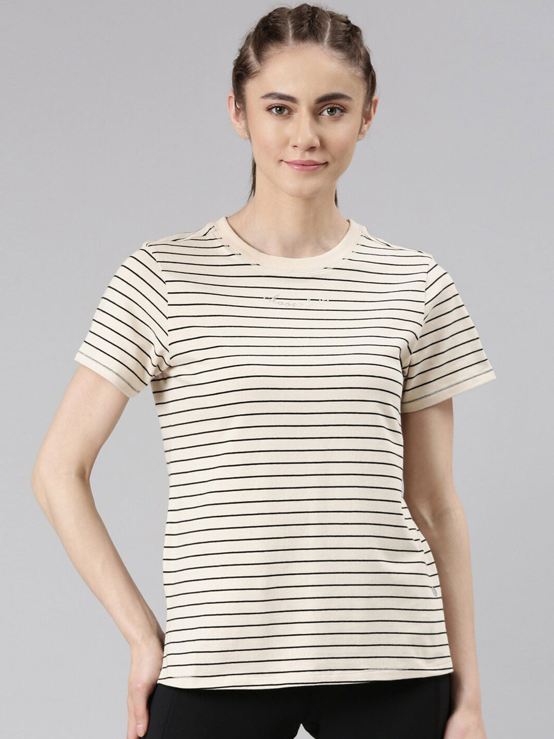 

Enamor Striped Round Neck Cotton Antimicrobial Active Cotton Relaxed Fit T-shirt, Beige