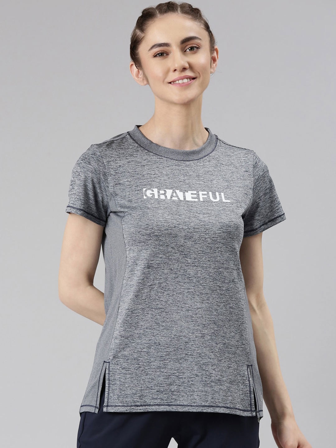 

Enamor Typography Printed Antimicrobial Active Side Slits T-shirt, Grey