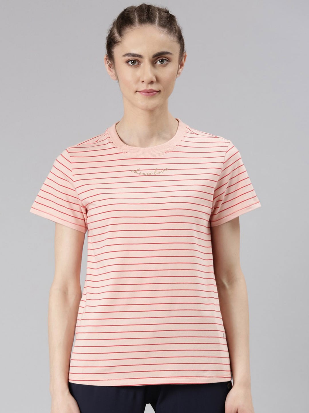 

Enamor Striped Antimicrobial Active Cotton Outdoor T-shirt, Pink