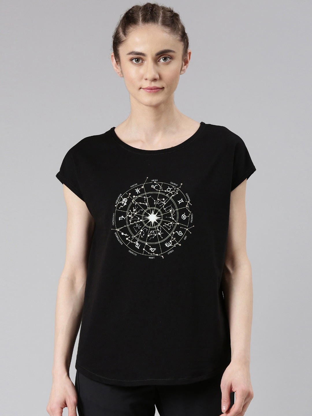 

Enamor Zodiac Printed Extended Sleeves Antimicrobial Meditate T-shirt, Black