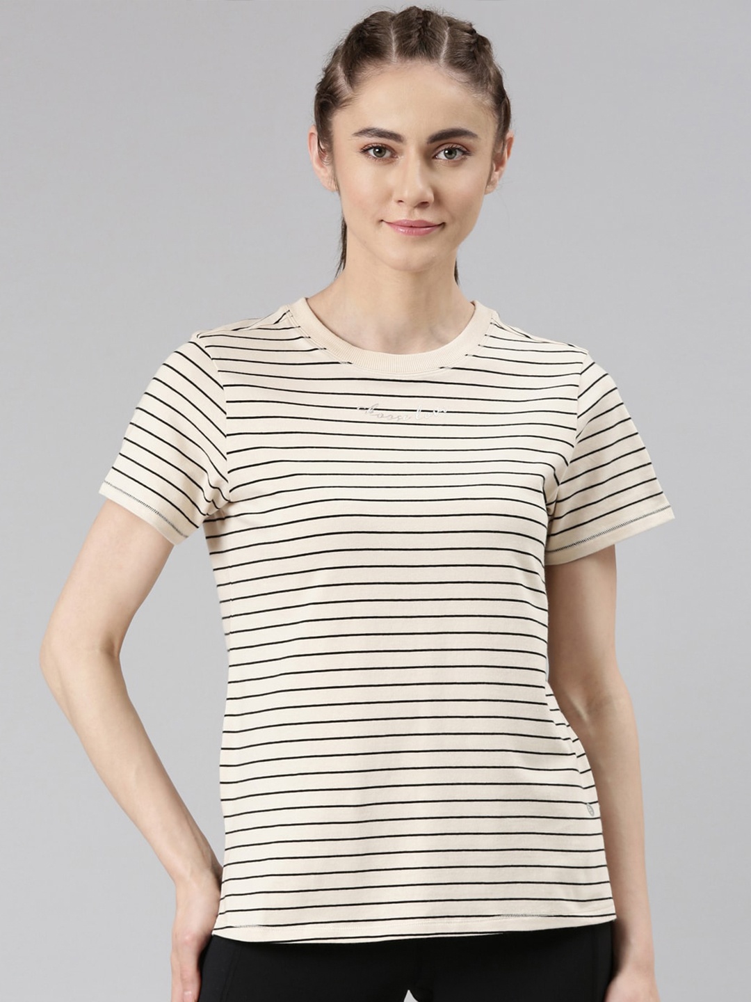 

Enamor Striped Antimicrobial Relaxed Fit Yarn-Dyed Stripes T-shirt, Beige