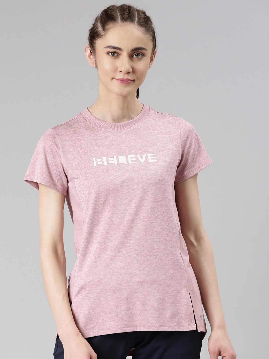 

Enamor Round Neck Dry Fit Antimicrobial Active T-shirt With Side Slits, Mauve