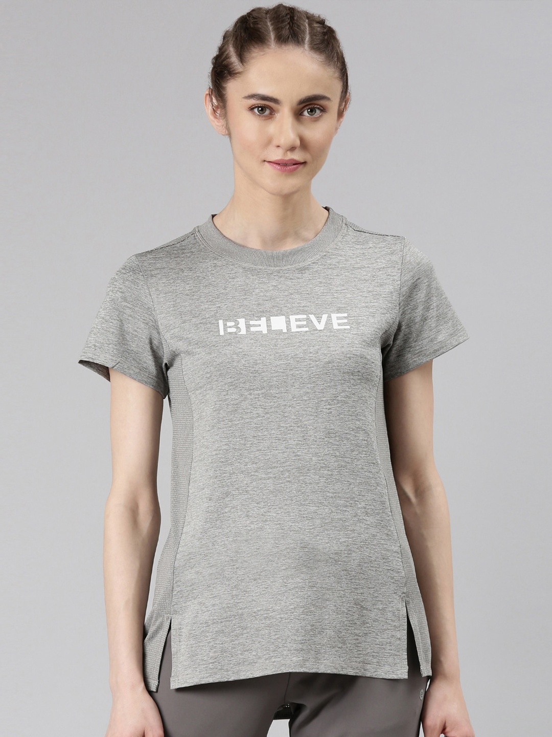 

Enamor Round Neck Dry Fit Antimicrobial Active T-shirt With Side Slits, Grey