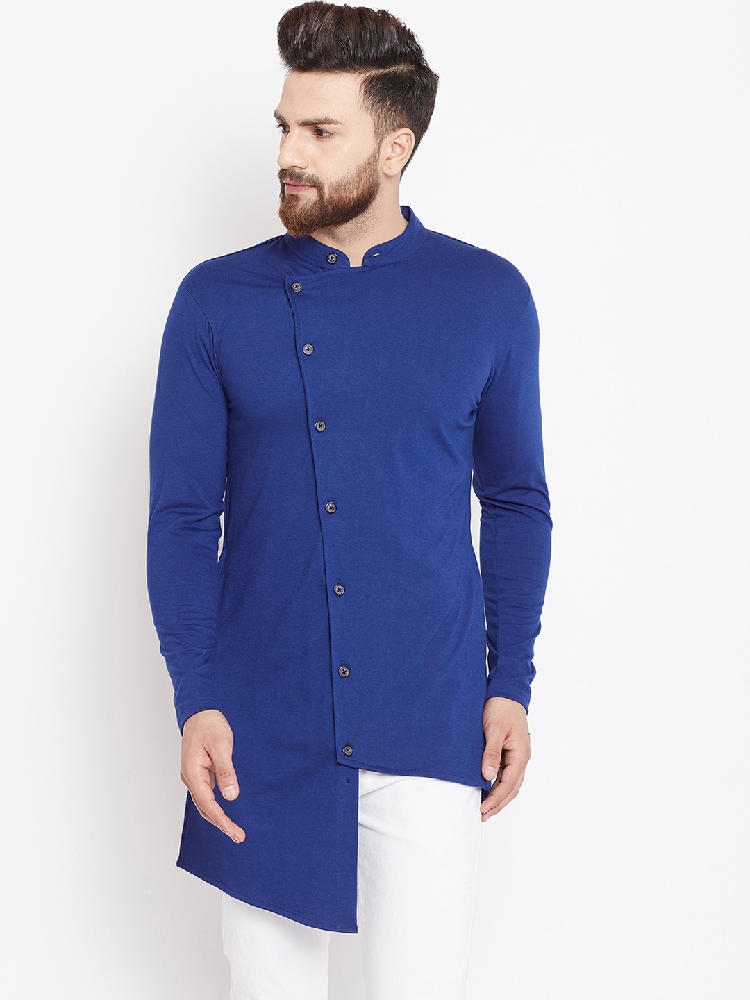 

CHILL WINSTON Knitted Mandarin Collar Asymmetric Hem Straight Kurta, Blue